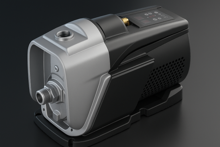 A high-resolution 3D render of a premium RAFSUN variable-speed water booster pump showcased in a modern, professional environment. The pump features a sleek silver-and-black design with a metallic finish, digital control panel, and precision inlet/outlet fittings, highlighted under soft lighting to emphasize engineering quality. The image conveys advanced water-pressure control technology designed to prevent plumbing damage caused by excessive household water pressure — matching the theme “What happens if water pressure is too high?”