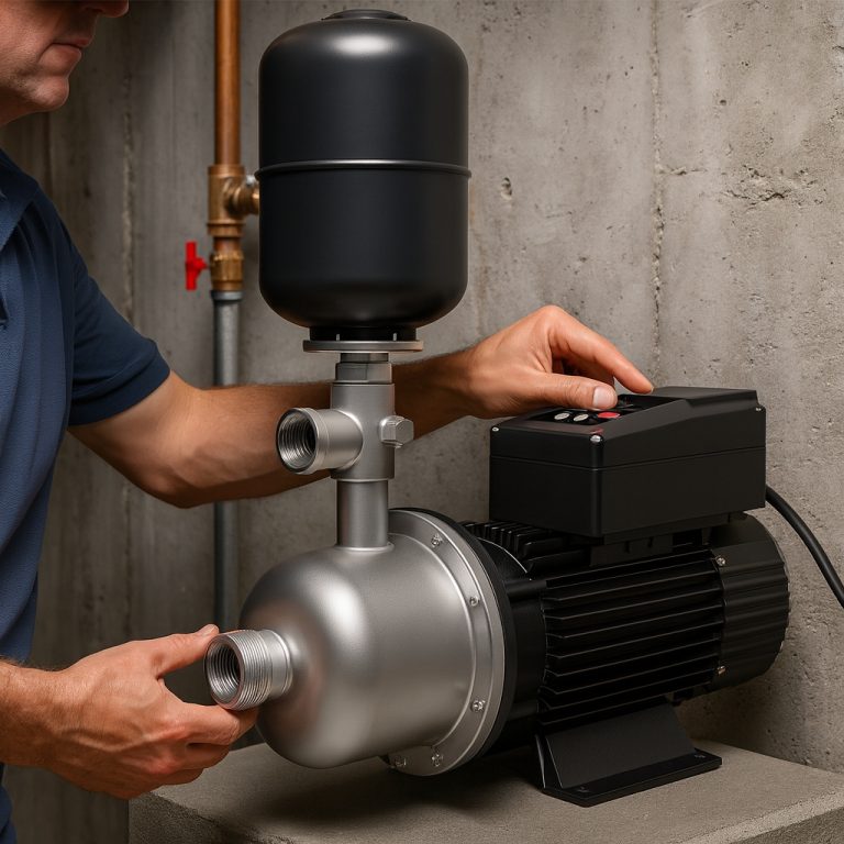A professional scene showcasing a RAFSUN water supply pump installed in a clean, modern utility room. The pump’s stainless-steel body and integrated digital controller are clearly visible as a technician (no visible face) adjusts the settings. The system connects to metal piping, demonstrating how a RAFSUN booster pump efficiently increases water pressure and ensures stable flow for residential, commercial, and industrial buildings. The lighting highlights the product’s robust construction, energy-efficient design, and premium craftsmanship.