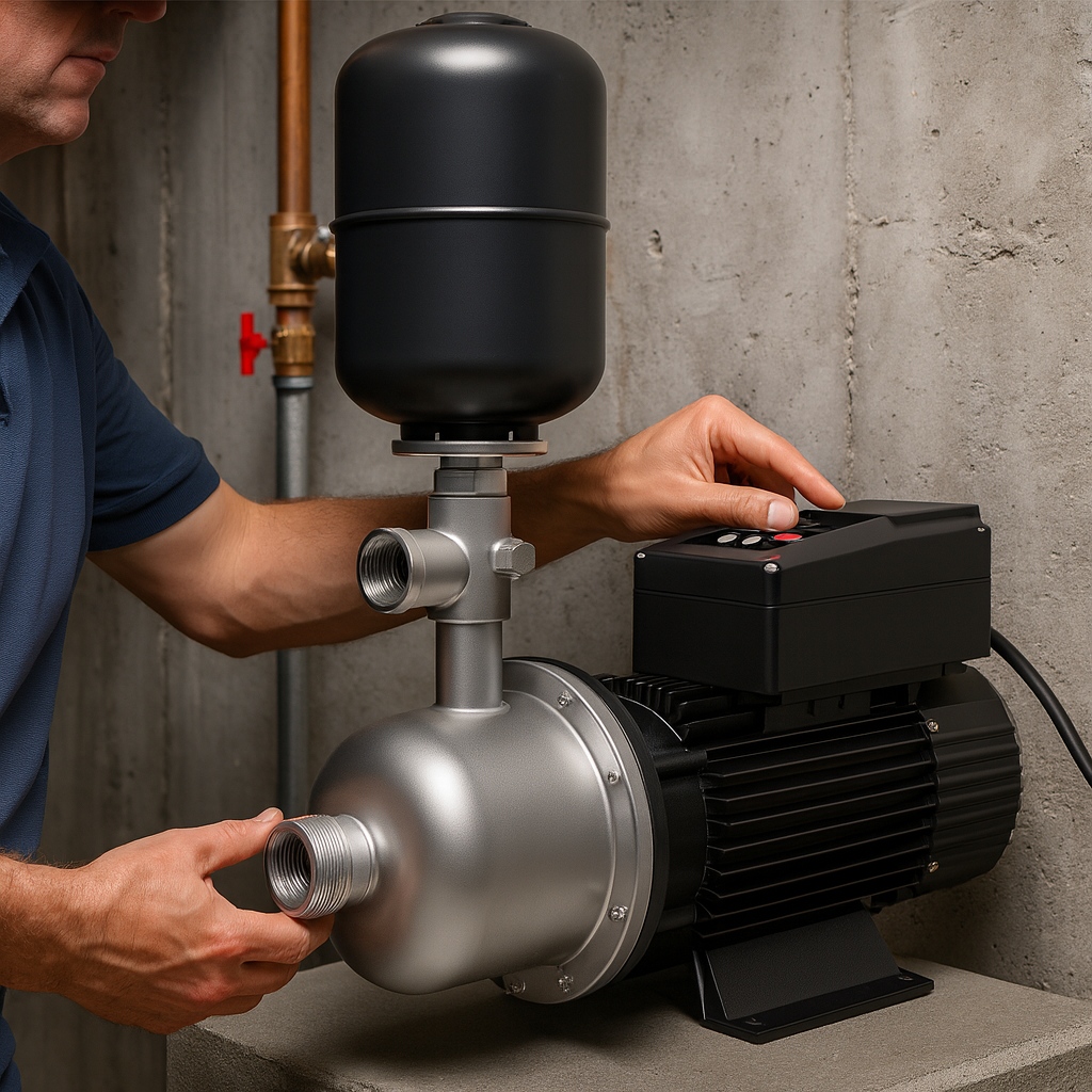 A professional scene showcasing a RAFSUN water supply pump installed in a clean, modern utility room. The pump’s stainless-steel body and integrated digital controller are clearly visible as a technician (no visible face) adjusts the settings. The system connects to metal piping, demonstrating how a RAFSUN booster pump efficiently increases water pressure and ensures stable flow for residential, commercial, and industrial buildings. The lighting highlights the product’s robust construction, energy-efficient design, and premium craftsmanship.