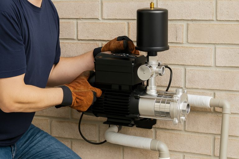 A professional technician adjusts a RAFSUN VFD booster pump installed on a home water supply system. The pump features a stainless steel body, integrated pressure tank, and smart controller for automatic pressure stabilization. This image illustrates the difference between a booster pump and a domestic pump, highlighting the advanced technology and energy-efficient design of RAFSUN’s system, used to maintain constant water pressure in residential and commercial applications.