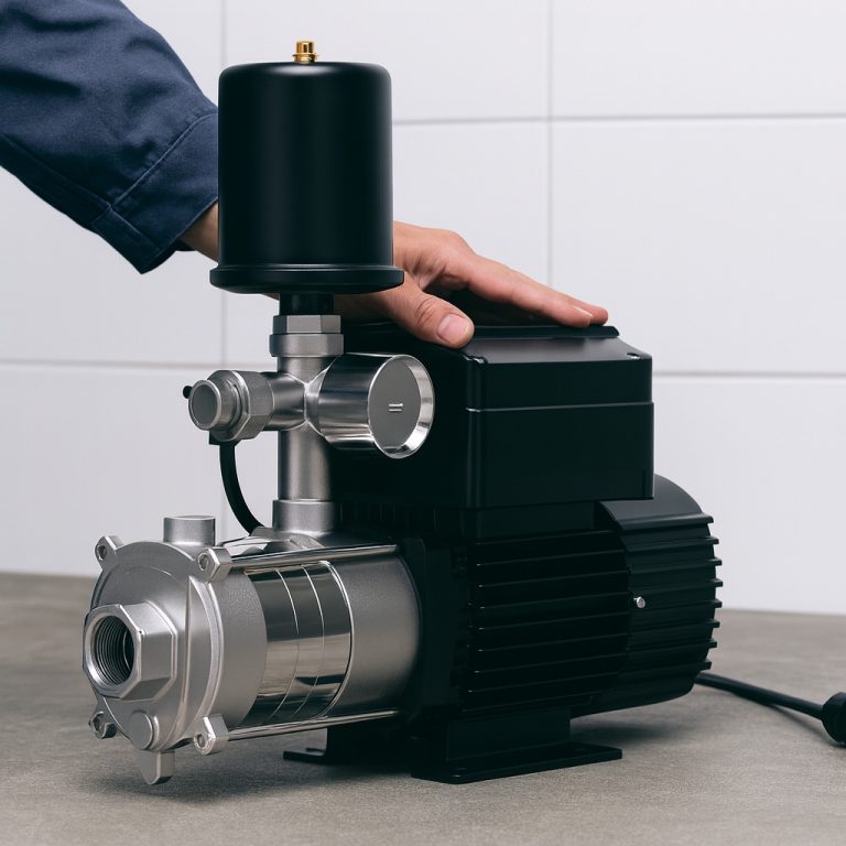 A high-performance RAFSUN centrifugal pump installed in an industrial utility room, inspected by a professional technician in a blue uniform. The image highlights the stainless-steel impeller housing, compact control unit, and pressure tank connection that showcase RAFSUN’s engineering quality and efficiency. This setup demonstrates the ideal use case for centrifugal pumps, which are best suited for transferring large volumes of low-viscosity fluids such as water in residential, agricultural, and industrial systems. The lighting and background emphasize durability, precision, and professional application, aligning perfectly with RAFSUN’s commitment to energy-efficient and reliable fluid transfer solutions.