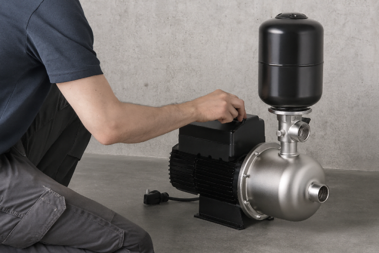 A professional technician adjusts a RAFSUN Variable Speed Drive (VSD) centrifugal pump installed in a clean mechanical room. The stainless-steel impeller housing and compact pressure tank highlight its energy-efficient, constant-pressure design. The image shows a realistic industrial setup emphasizing RAFSUN’s precision engineering, reliability, and performance control, ideal for commercial and residential water-supply systems.