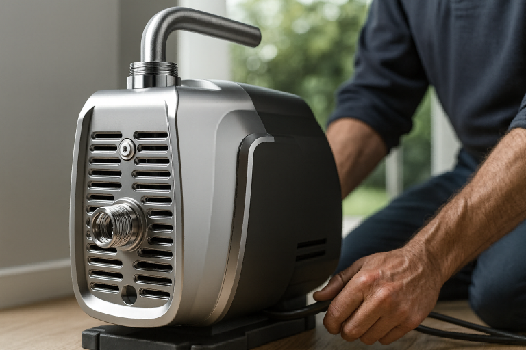 A high-efficiency RAFSUN Variable Speed Drive (VSD) booster pump installed in a modern household utility room. The sleek stainless-steel housing and precision fittings reflect advanced technology designed for constant water pressure and low-energy consumption. A professional technician, wearing a clean blue uniform without showing his face, adjusts the cable beside the pump to ensure proper setup. The environment is bright, clean, and realistic, emphasizing how RAFSUN home booster pumps provide stable water pressure for daily needs such as showers, kitchens, and washing machines. Perfect visual answer to “Which type of pump is used in a house?” — the RAFSUN VSD booster pump.