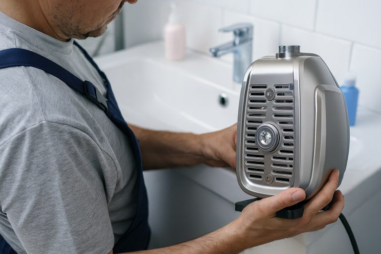 A professional technician in a clean home bathroom installs a RAFSUN VFD booster pump, a modern electric water pressure system designed for stable household water supply. The image showcases the sleek stainless-steel pump body, plumbing connections, and technical precision that highlight the efficiency and reliability of RAFSUN electric pumps compared to traditional manual models. Ideal for home water boosting, bathroom pressure stabilization, and energy-efficient operation, this professional installation scene emphasizes durability, advanced control, and modern design in a RAFSUN water pump system.
