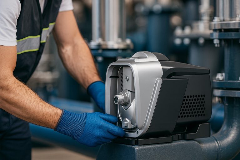A professional technician wearing blue safety gloves is inspecting a RAFSUN centrifugal pump inside an industrial facility. The pump’s modern silver and black design highlights its engineering precision and energy-efficient performance. Surrounding stainless-steel pipes and machinery indicate use in industrial and municipal environments. This image visually represents the widespread use of RAFSUN centrifugal pumps in manufacturing, agriculture, commercial water systems, and power generation, emphasizing their reliability for transferring low-viscosity fluids like water and chemicals.