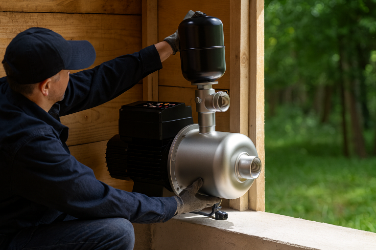 A professional technician in a navy uniform is inspecting a RAFSUN stainless steel variable speed water pump installed inside a modern wooden pump house. The pump is connected to a pressure tank and control unit, forming a complete water supply system. Natural light from the open window highlights the precision-built RAFSUN pump system, designed for consistent water pressure and protection against harsh outdoor conditions. This setup visually explains why a pump house is essential—it protects the pump from weather, reduces noise, improves system efficiency, and extends equipment lifespan, ensuring reliable water supply for residential and commercial properties.