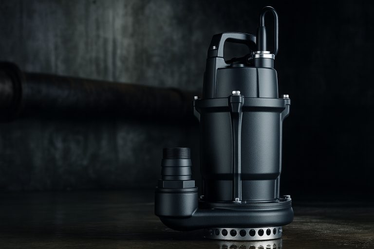 A high-resolution image of a RAFSUN submersible pump placed on a wet concrete floor inside an industrial basement setting. The all-black pump features a sturdy handle, heavy-duty discharge outlet, and stainless-steel intake strainer, highlighted by soft directional lighting. This realistic scene visually represents the advantages and disadvantages of submersible pumps, including their quiet operation, high efficiency, self-priming capability, and the challenges related to underwater maintenance.