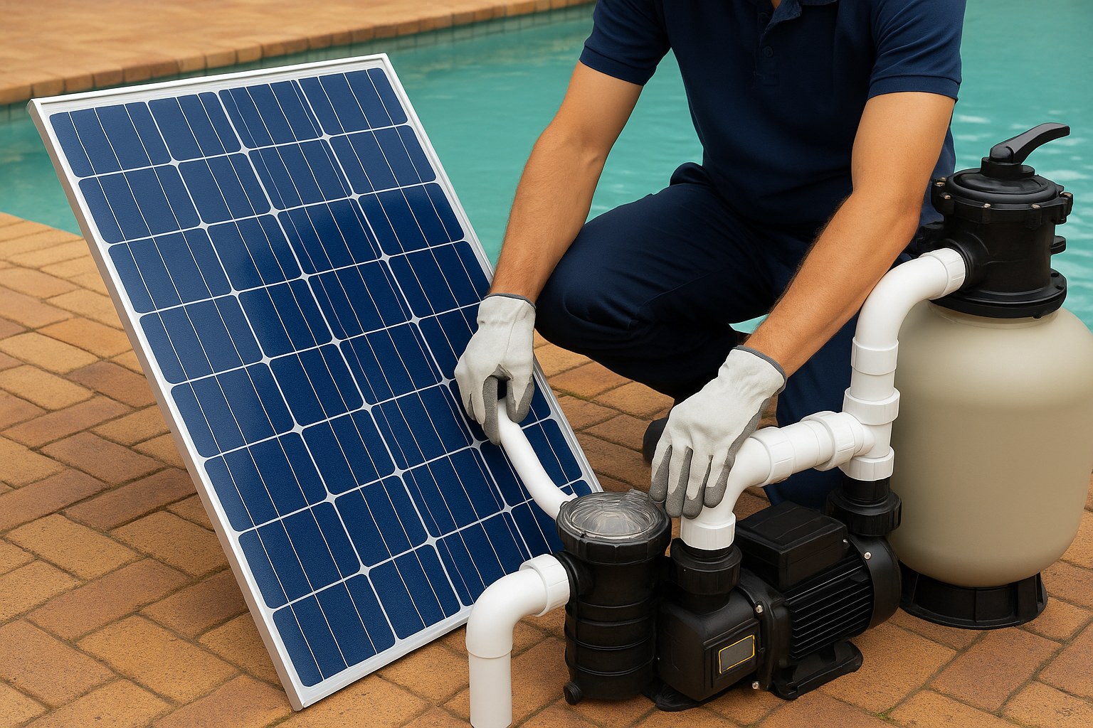 solar panels next to a sparkling blue swimming pool