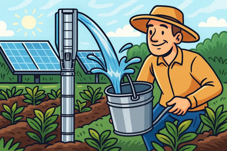 Illustration of a RAFSUN solar-powered borehole pump system operating in a green agricultural field, showing a farmer collecting water in a metal bucket as a stainless steel deep-well pump delivers a strong flow of water. Behind the pump, several photovoltaic solar panels generate renewable energy to power the RAFSUN system. The scene visually supports the topic “Are there any tax credits for solar pumps?” by highlighting how solar pump systems work, their environmental benefits, and their potential eligibility for government incentives or renewable energy tax credits in rural and off-grid applications.