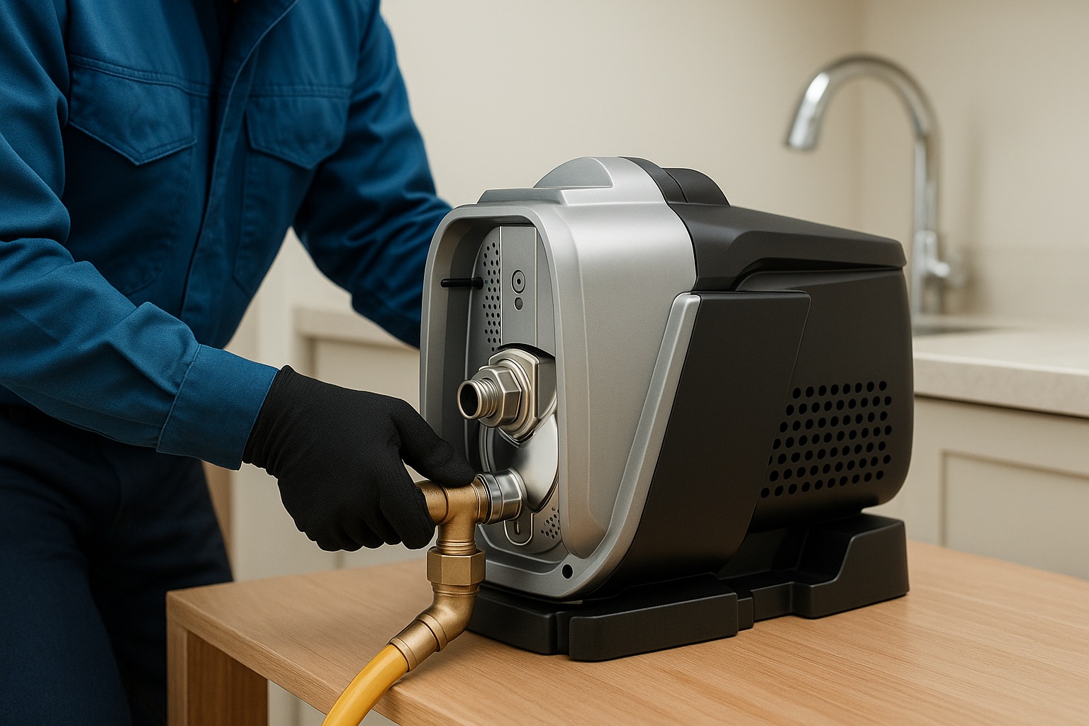 A modern booster pump installed in a residential setting