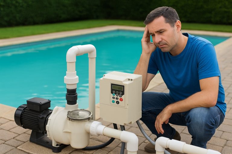 A homeowner kneels beside a pool pump system, examining the motor and an attached variable frequency drive (VFD) near a backyard swimming pool. The scene illustrates the process of upgrading a traditional single-speed pump with VFD technology and reflects the user’s consideration of the question “Can I add a VFD to my pool pump?”. The image highlights how a RAFSUN energy-efficient pump setup can benefit from a VFD retrofit to reduce electricity consumption and improve performance.