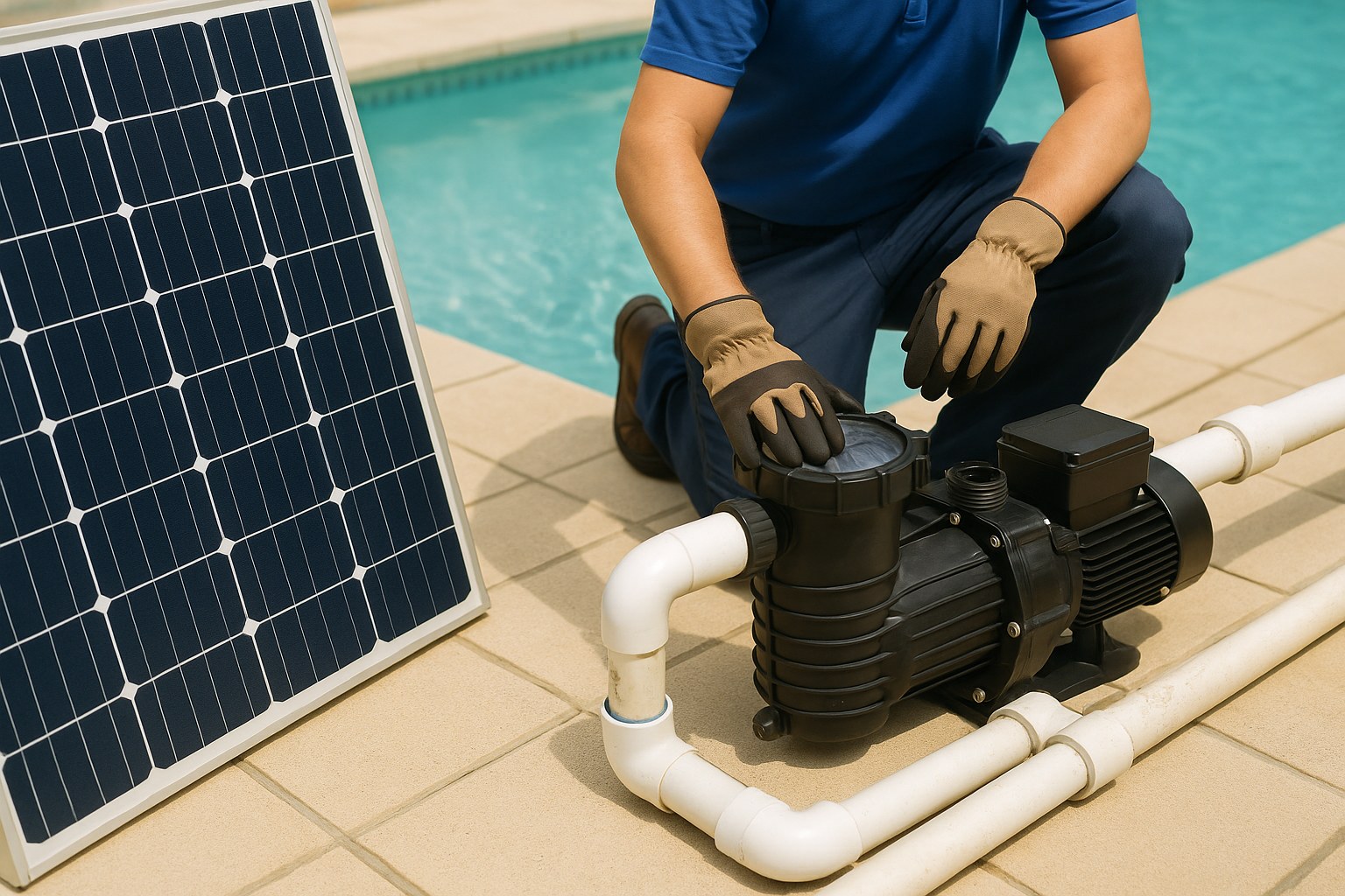 person relaxing by a sunny pool with solar panels nearby