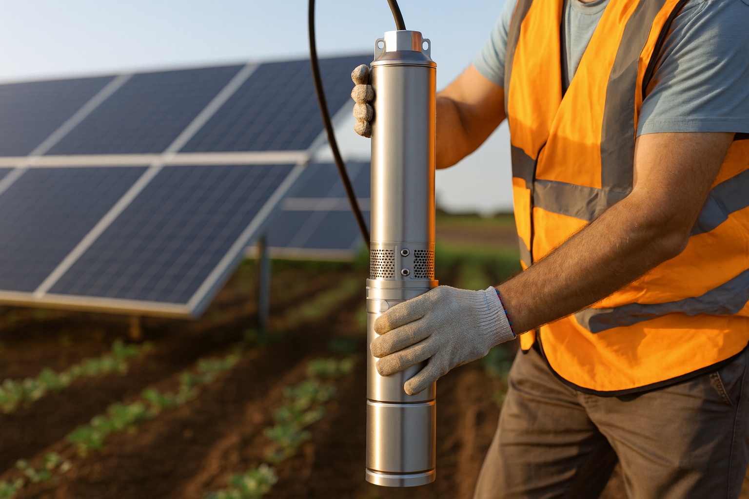 Solar panels in a field powering a borehole pump