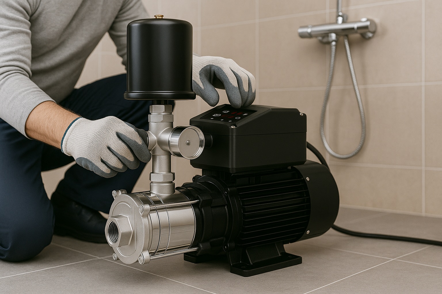 RV Water Pump on Overnight A switched-on water pump in a dimly lit RV at night