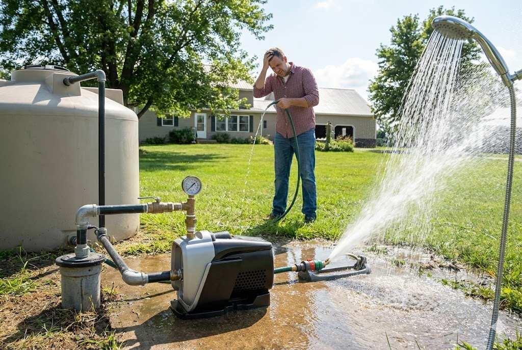 A modern booster pump system installed next to a well house