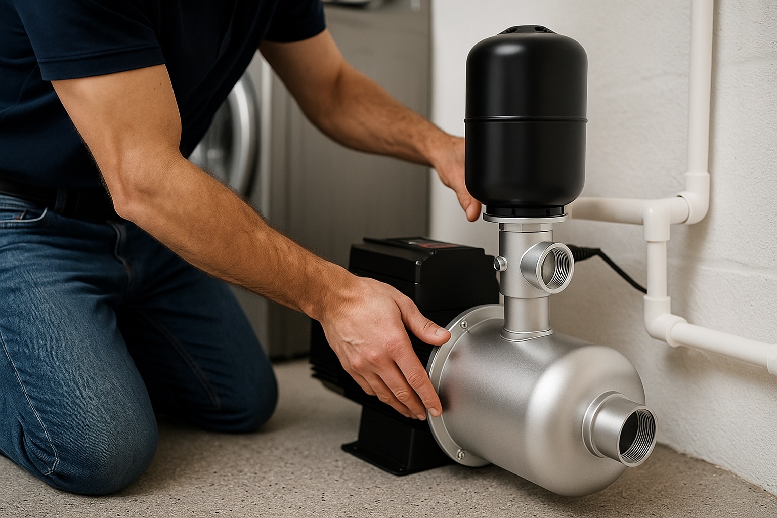 A booster pump connected to mains water pipes in a modern home