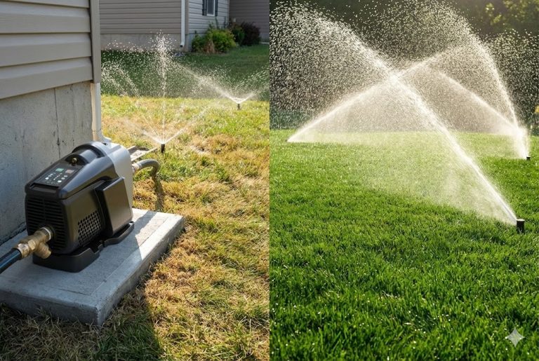 A RAFSUN booster pump installed beside a house boosts water pressure for a residential sprinkler system, supplying strong, even spray coverage across a green lawn. The image shows the pump connected to outdoor irrigation lines, delivering enhanced flow to multiple pop-up sprinklers that create overlapping water arcs. This setup demonstrates how a RAFSUN booster pump can improve sprinkler system performance by increasing both pressure and flow, ensuring consistent lawn irrigation. Keyword: Can you put a booster pump on a sprinkler system?
