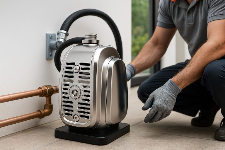 A professional technician wearing protective gloves inspects a modern RAFSUN water pump installed in a residential utility area, connected to copper piping and flexible hose lines. The sleek metallic RAFSUN pump housing is shown in close-up detail, emphasizing its durable construction, ventilation design, and stable mounting base. The scene highlights mechanical components and installation conditions relevant to diagnosing whether a bad water pump can cause overheating without visible leaks, demonstrating RAFSUN’s advanced engineering and reliable performance in household water pressure systems.