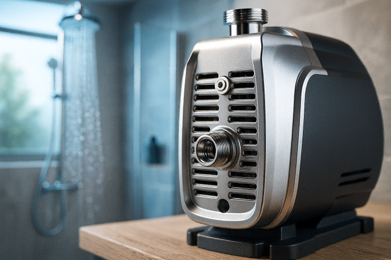A high-resolution image of a modern RAFSUN pressure pump placed in a clean bathroom environment, positioned on a wooden surface near a running shower. The pump is shown in a sleek metallic finish with precise detailing and inlet fittings visible on the front, emphasizing its premium build quality. This visual highlights the role of a pressure pump in improving inconsistent water pressure and delivering stable flow for homes and businesses. Ideal for illustrating guides on choosing the right pressure pump for your water tank, selecting proper flow rate and pressure, and understanding how RAFSUN pumps enhance daily water supply performance.