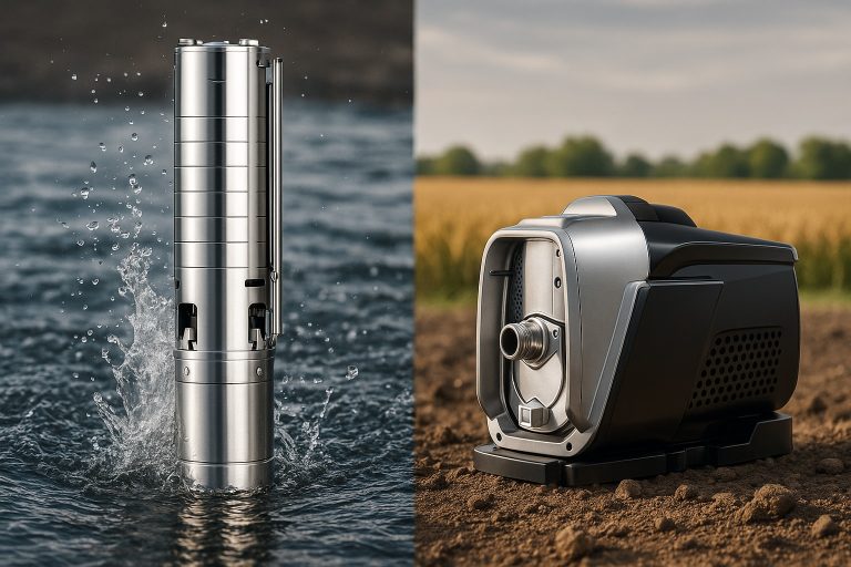 A detailed comparison image featuring a RAFSUN submersible pump operating underwater alongside a RAFSUN regular surface water pump positioned on dry ground. The visual highlights the core difference between a submersible pump that pushes water while fully submerged and a regular water pump that uses suction from above the water source. The contrast in installation environments, materials, and working mechanisms clearly illustrates the key distinctions in efficiency, application, and maintenance between the two pump types.