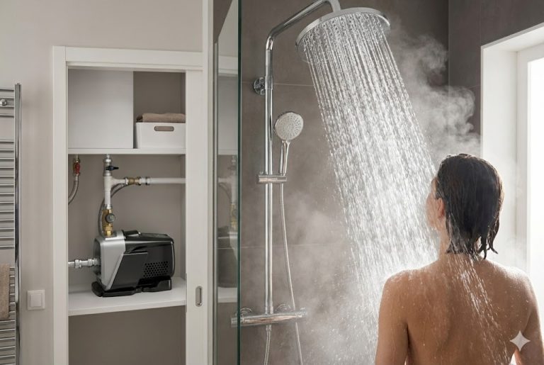 This image shows a modern bathroom where a RAFSUN home water pressure booster pump is installed neatly inside a built-in cabinet to improve household water flow. On the right side, a person is enjoying a strong, steamy shower with a large rainfall showerhead, demonstrating the powerful and consistent water pressure delivered by the booster system. The RAFSUN booster pump is connected to the home’s plumbing with pressure gauges and fittings visible, highlighting how effectively a residential booster ensures steady, high-pressure water for daily use. This realistic scenario answers the question “Do home water pressure boosters work?” by showing how a RAFSUN pump enhances shower performance and overall home water comfort.