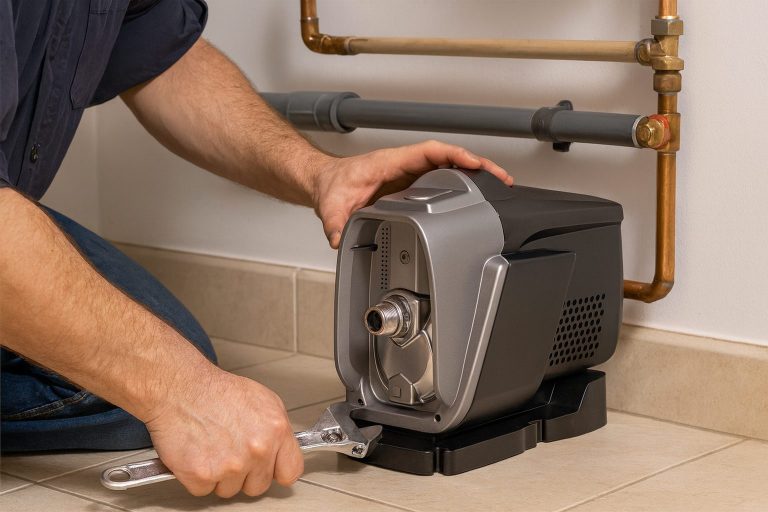 A professional technician installs a RAFSUN booster pump inside a home plumbing system, using specialized tools to ensure correct pipe alignment and safe electrical connections. The image illustrates why homeowners often ask, “Do I need a plumber to install a booster?”—because proper installation requires expert handling to prevent leaks and protect the water system.