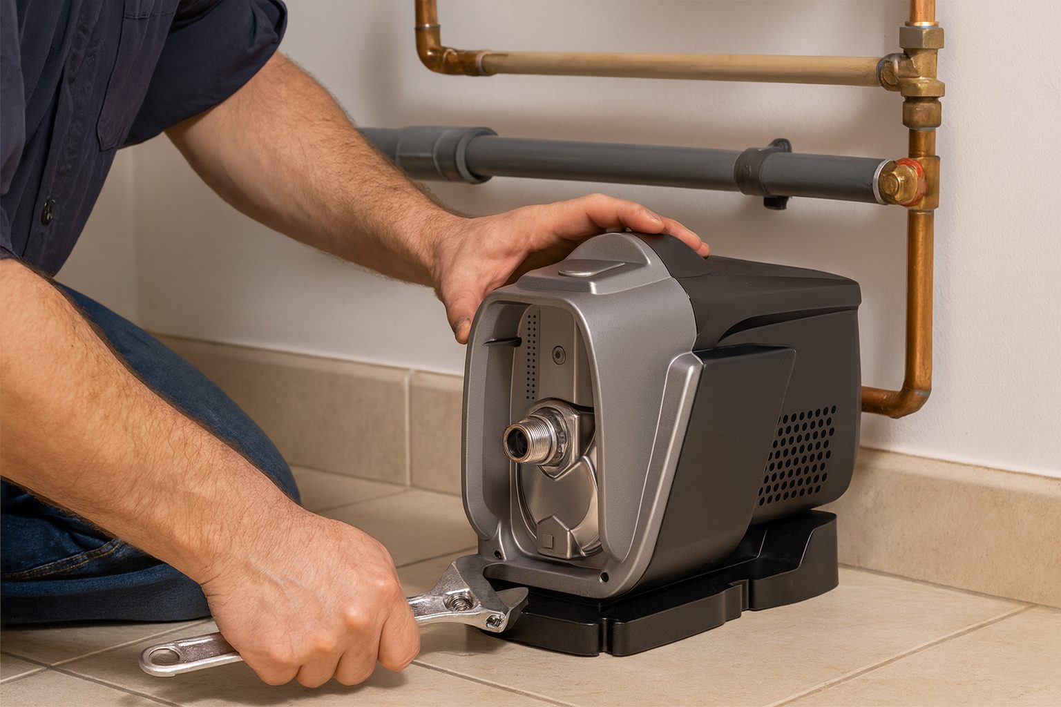 A professional technician installs a RAFSUN booster pump inside a home plumbing system, using specialized tools to ensure correct pipe alignment and safe electrical connections. The image illustrates why homeowners often ask, “Do I need a plumber to install a booster?”—because proper installation requires expert handling to prevent leaks and protect the water system.