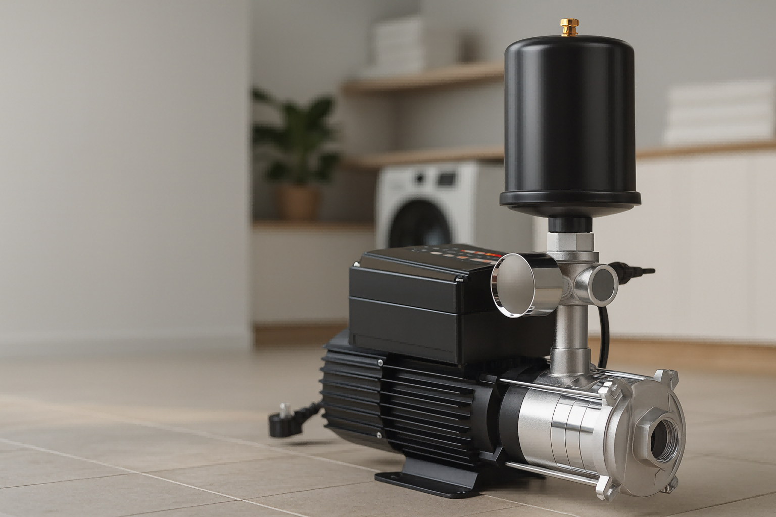 A small pressure tank next to a modern VFD water pump system