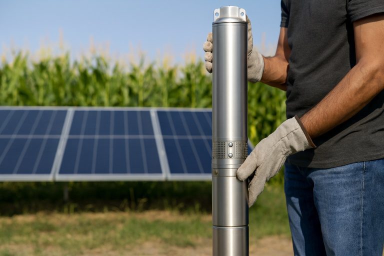 A technician wearing protective gloves holds a stainless-steel RAFSUN solar-powered borehole pump in a rural farmland setting, with large solar panels and green crops in the background. The image illustrates how RAFSUN solar water pumps operate efficiently using sunlight for deep well extraction and agricultural irrigation, supporting the question: “Do solar-powered water pumps work?”
