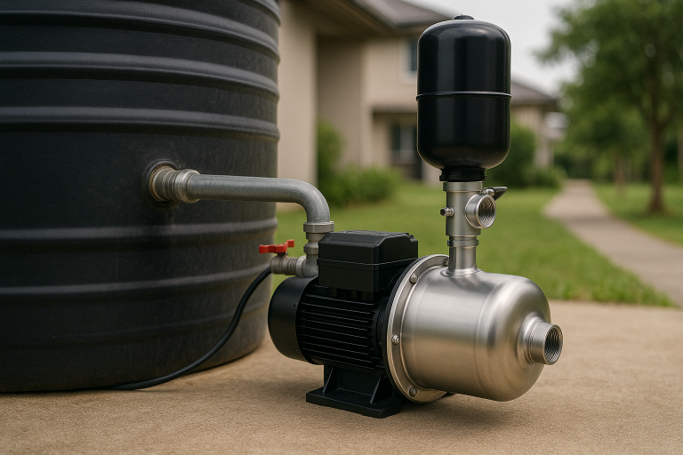 A stainless steel RAFSUN water pressure booster pump is installed beside a large outdoor water tank, connected through a galvanized pipe and positioned on a concrete surface in a residential setting. The pump’s compact motor, pressure tank, and polished housing highlight its role in boosting water flow and delivering stable pressure for household use. This scene visually demonstrates the concept behind “Do You Need a Pump for a Water Tank? Your Complete Guide,” showing how a modern RAFSUN pump ensures reliable water delivery when gravity alone is not enough.