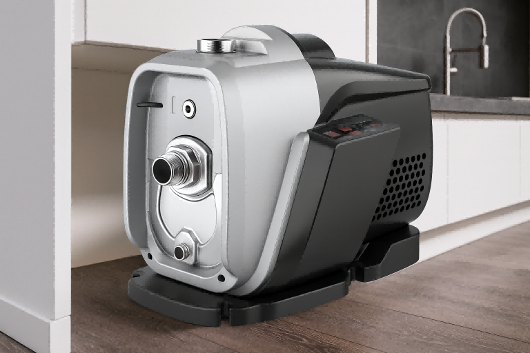 A RAFSUN variable speed drive (VSD) household booster pump installed beneath a modern kitchen cabinet, featuring a compact IE5 permanent-magnet motor, stainless steel inlet fittings, and an integrated digital control panel. The image demonstrates how a VSD pump operates in a residential water system, supporting the discussion of whether VSD technology improves power factor while delivering stable water pressure and enhanced energy efficiency in home applications.