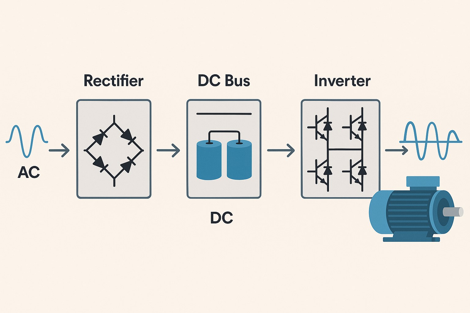 A detailed technical illustration showing how a Variable Frequency Drive (VFD) converts AC power into DC and then back into controlled AC to run a motor. The diagram displays the full three-stage process: incoming AC waveform on the left, a rectifier block converting AC to DC, a DC bus with capacitor storage smoothing the power, and an inverter module generating variable-frequency AC for the motor on the right. The flow arrows visually connect each stage, clearly demonstrating the power conversion sequence. This educational graphic supports the topic “Does a VFD change AC to DC?” and highlights the advanced motor-control technology used in RAFSUN water pump systems.