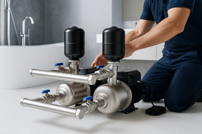 A professional technician in a modern residential bathroom installing a twin stainless-steel RAFSUN residential pressure booster pump system. The image shows two compact, high-efficiency RAFSUN pressure pumps with integrated expansion tanks, precision valves, and durable metal piping, positioned on a clean tiled floor near a bathtub. The technician’s hands are adjusting the pump connections, demonstrating proper installation and setup. This realistic indoor household environment visually supports the concept of determining how big a pressure pump is needed for residential water supply, highlighting performance, stability, and reliability of RAFSUN pressure boosting solutions.