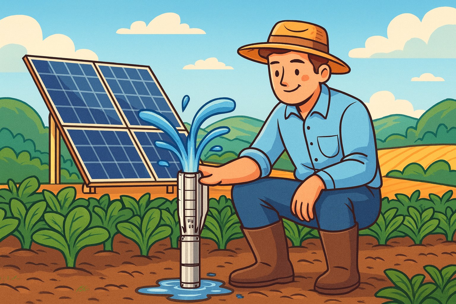 A cutaway view of a deep well with a submersible pump installed