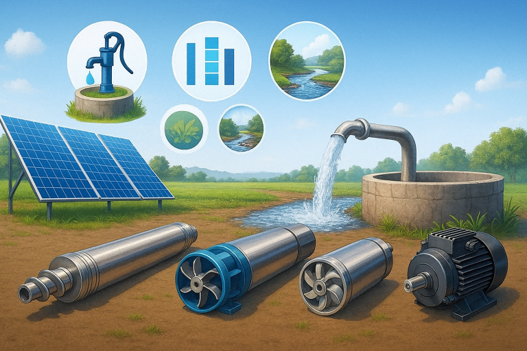 A detailed illustration showing different types of RAFSUN solar water pumps— including a screw pump, a plastic-impeller pump, and a stainless-steel impeller pump—displayed on the ground beside a flowing well in a bright rural landscape. A large solar panel array stands to the left, powering the pump system, while clear water pours from a pipe into a small reservoir. The scene highlights how to choose a solar water pump by comparing pump types, water source conditions, and performance needs, supporting the key question: How do I choose a solar water pump?