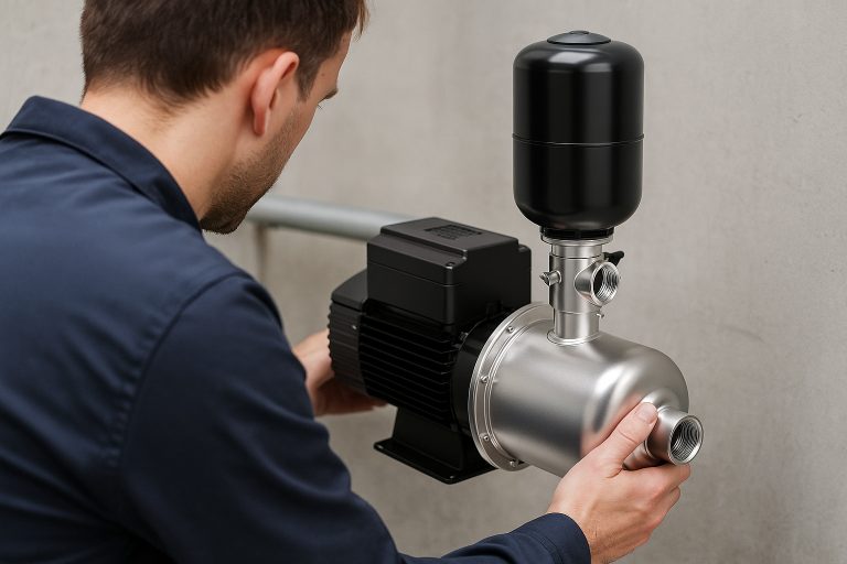 A professional technician examines and adjusts a RAFSUN stainless-steel household water pump and pressure tank system during a routine home inspection, highlighting signs that indicate when you may need a new water pump in your house—such as reduced water pressure, unusual noise, frequent cycling, or inconsistent flow. The detailed close-up view shows the technician holding the durable RAFSUN booster pump assembly installed against a clean concrete wall, emphasizing reliability, safety, and high-performance domestic water supply solutions.
