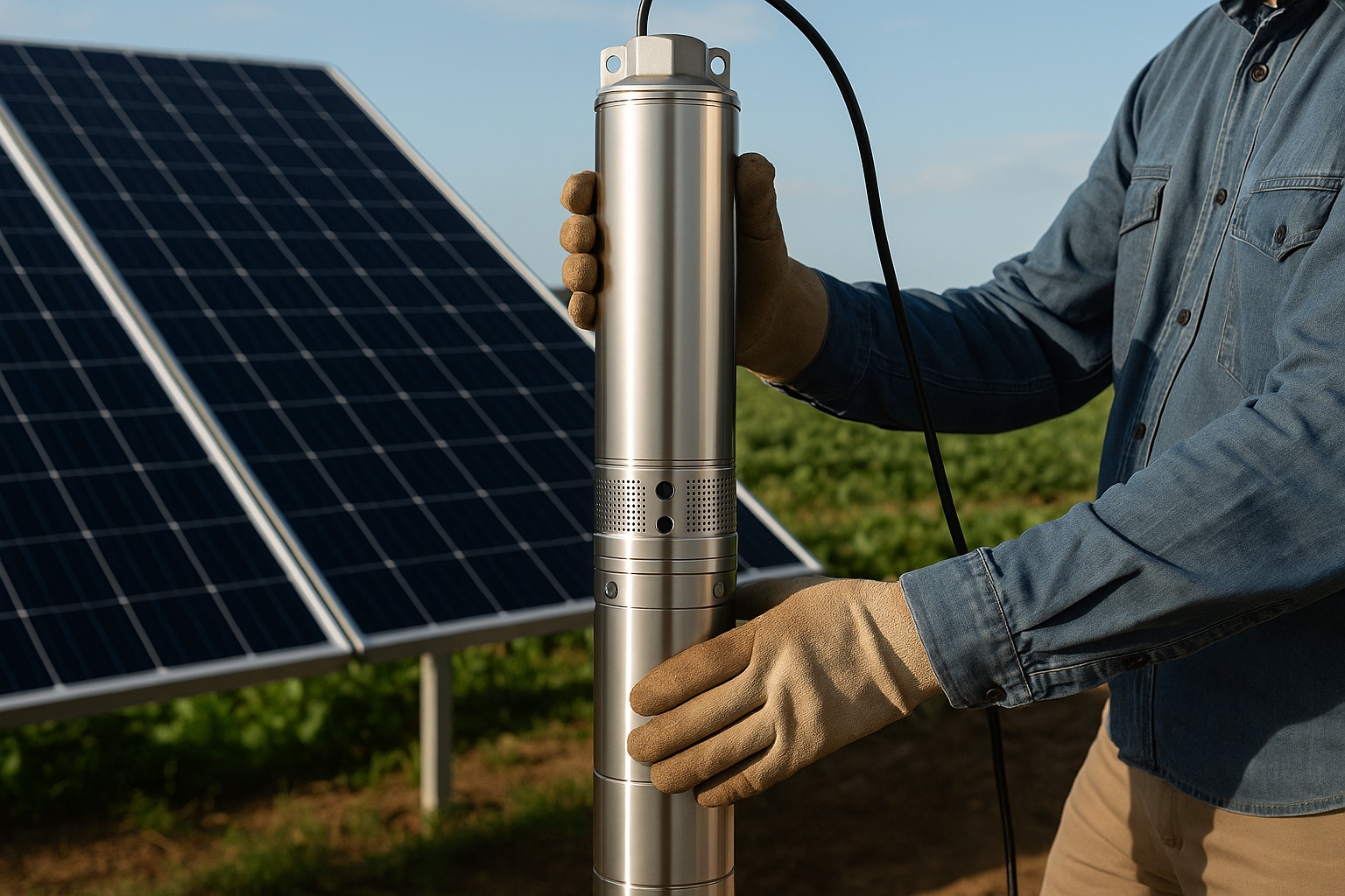 A solar pump system pushing water up a long pipe to a distant tank.