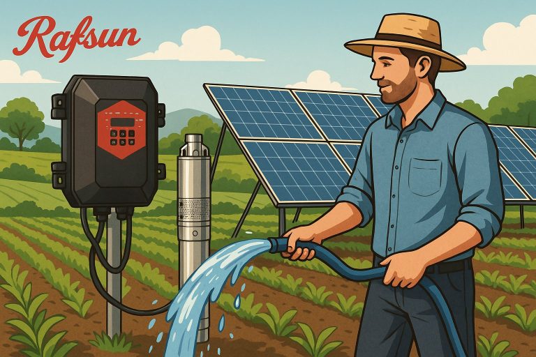 Illustration of a RAFSUN solar water pump system used for agricultural irrigation, featuring a farmer holding a hose with flowing water coming from a stainless steel deep-well pump connected to a solar pump controller. Large photovoltaic solar panels in the background provide renewable energy to power the RAFSUN pump, which delivers water across crop fields. This scene visually supports the topic “How far will a solar pump push water?” by highlighting real-world factors such as pump design, head height, horizontal distance, and available sunlight that determine a solar pump’s water delivery performance.