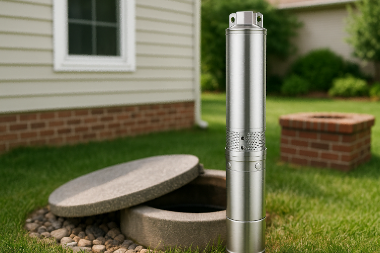 A RAFSUN 1.5 hp stainless steel submersible pump standing beside a residential backyard water well, showing the pump’s durable deep-well design and real home-use installation environment. The image highlights the structure and build quality of the RAFSUN pump used to demonstrate how high a 1.5 hp submersible pump can lift water, emphasizing factors such as maximum head, pump efficiency, and suitability for household well systems.
