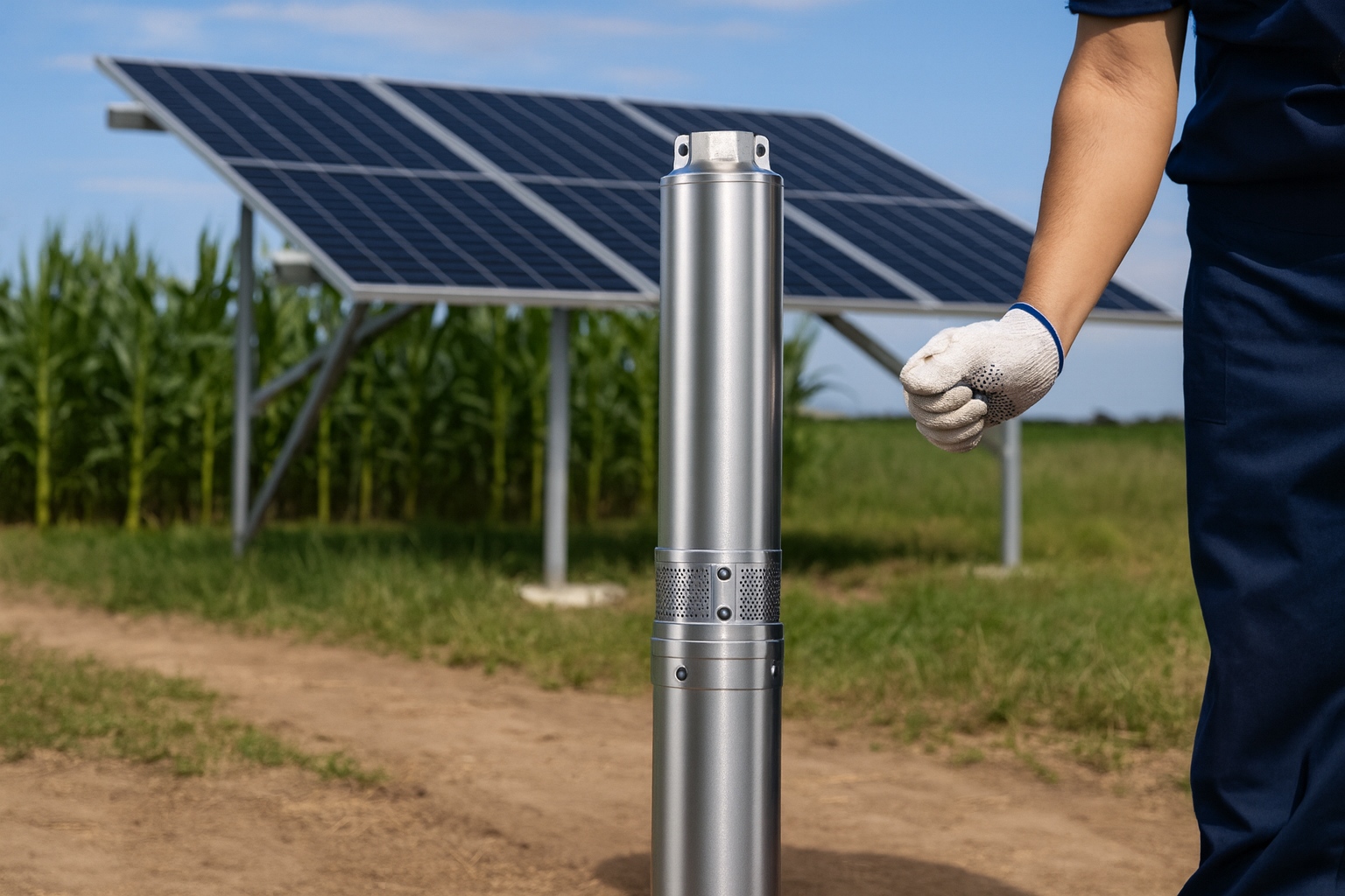 A solar pump system powering an irrigation field, showing its longevity.