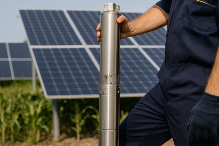 A high-efficiency RAFSUN solar borehole pump being inspected outdoors by a technician in front of large photovoltaic panels, illustrating durable stainless-steel construction designed for long service life in off-grid water supply systems. This image supports the question “How long does a solar borehole pump last?” by showing the reliable build quality of RAFSUN solar pump technology for farms, irrigation, and rural borehole applications.
