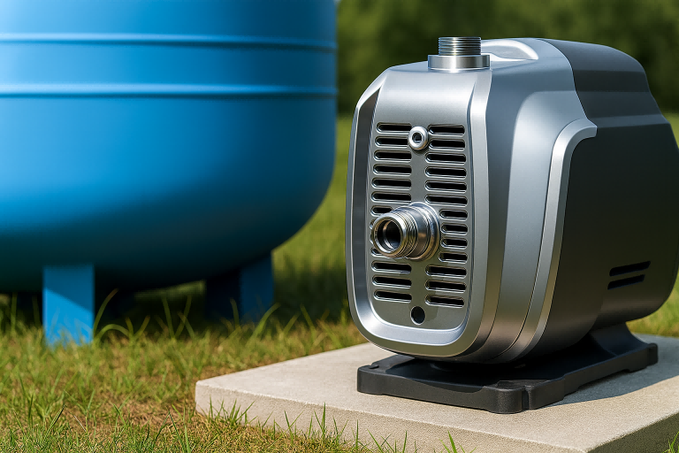 A high-resolution outdoor scene showing a RAFSUN water pump installed beside a large blue water tank on a concrete base. The pump’s metallic housing and polished stainless-steel outlet are clearly visible, emphasizing durability and premium engineering. The background features green grass and natural light, illustrating a realistic home water-supply setup. This image visually supports the topic “How long will my water tank last?” by showing the relationship between a long-lasting water tank system and the reliable RAFSUN pump used to maintain consistent household water pressure.