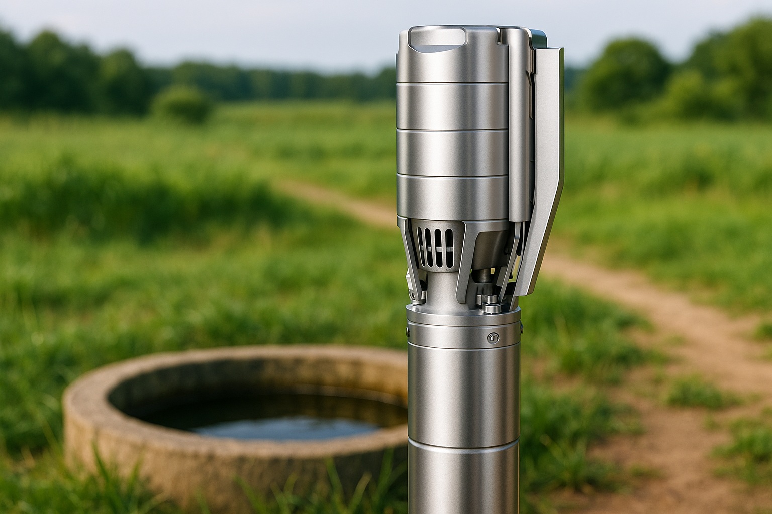 A diagram showing a submersible pump and the concepts of flow rate and head.