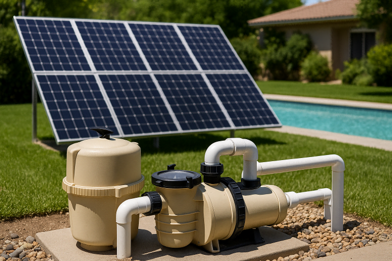 A high-efficiency RAFSUN solar pool pump system installed beside a residential swimming pool, powered by multiple ground-mounted solar panels arranged in a clean 3×4 array. The image shows the pump and filtration equipment connected with PVC piping, highlighting how a typical 1.5 HP pool pump can be operated using solar energy. This visual demonstrates the practical setup needed for homeowners researching how many solar panels would I need to run a pool pump and showcases the real-world application of a RAFSUN energy-saving solution.