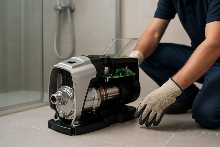 A high-resolution image showing a RAFSUN booster pump installed in a modern bathroom setting, with a professional technician wearing protective gloves performing maintenance. The pump’s internal components, including the stainless-steel impeller housing and electronic control board, are visible through the partially open top cover, illustrating the advanced design and engineering of RAFSUN’s variable-speed booster pump system. The clean tile flooring and shower area in the background emphasize typical household applications such as bathroom water pressure boosting. This image visually represents the different types of booster pumps used for domestic water supply systems and highlights RAFSUN’s reliability, performance, and precision engineering.