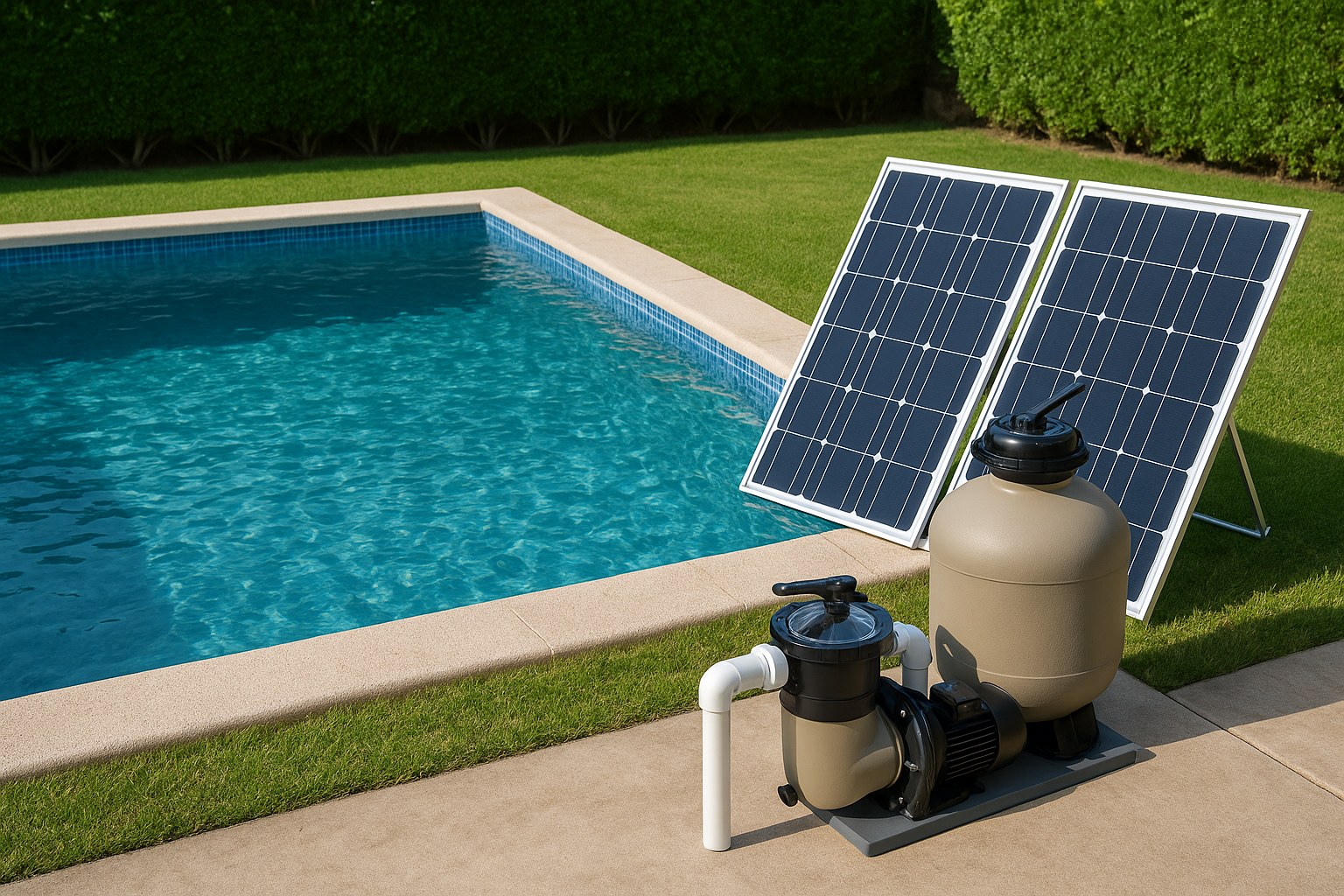 solar pool pump system installed by a sunny swimming pool
