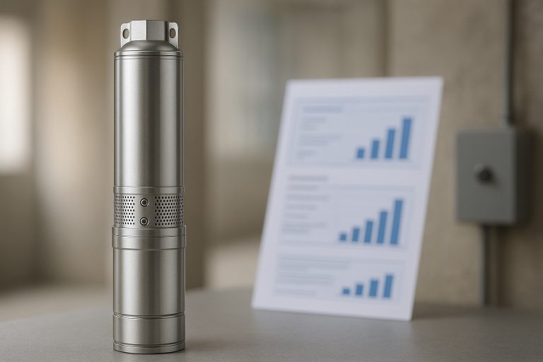 A stainless steel RAFSUN 1.5 hp submersible pump standing upright on a smooth surface inside a softly lit utility-room environment, with its cylindrical motor housing, perforated intake screen, and lower pump body clearly visible. A blurred electricity cost chart in the background subtly highlights the topic How much electricity does a 1.5 hp submersible pump use? by suggesting rising power consumption. The scene emphasizes pump efficiency, durability, and real-world operating conditions.