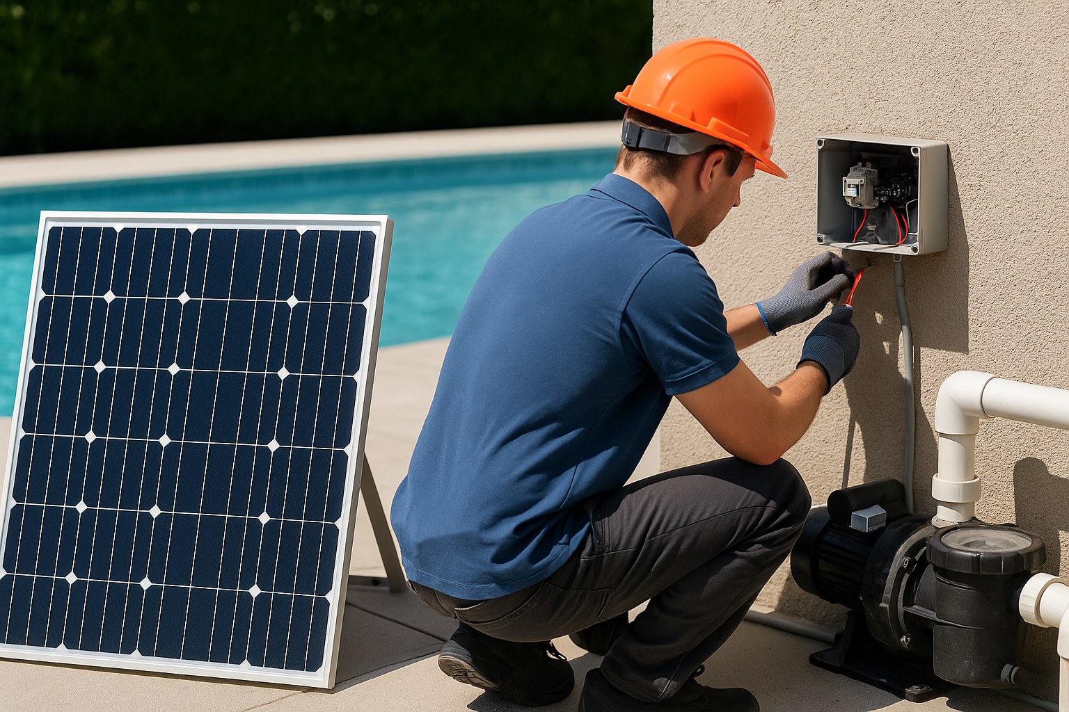 Solar panels powering a swimming pool pump