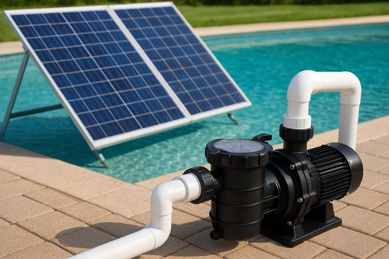 A high-efficiency RAFSUN solar pool pump installed beside a residential swimming pool, connected with durable PVC piping and powered by a large solar panel array positioned near the water. The scene highlights the long-term durability of solar pool systems, demonstrating how a modern brushless motor pump and solar panels deliver reliable performance for 15 to 25 years. Ideal for homeowners researching “How long does a solar pool pump last?” and seeking energy-efficient, low-maintenance pool circulation solutions.