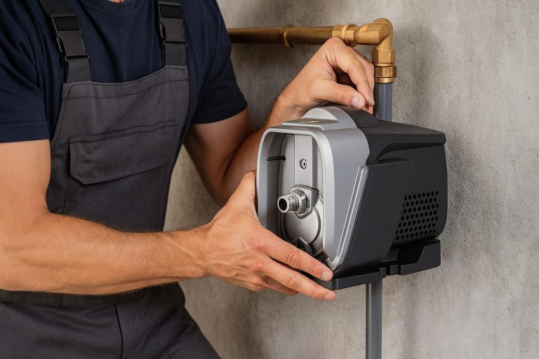 A professional installer, with their face not visible, setting up a RAFSUN booster pump in a residential plumbing system. The scene illustrates the process of determining the correct pump specifications by evaluating flow rate requirements and calculating total dynamic head (TDH). The image visually supports the concept of how to calculate booster pump size using fixture count, vertical lift, friction loss, and desired outlet pressure.